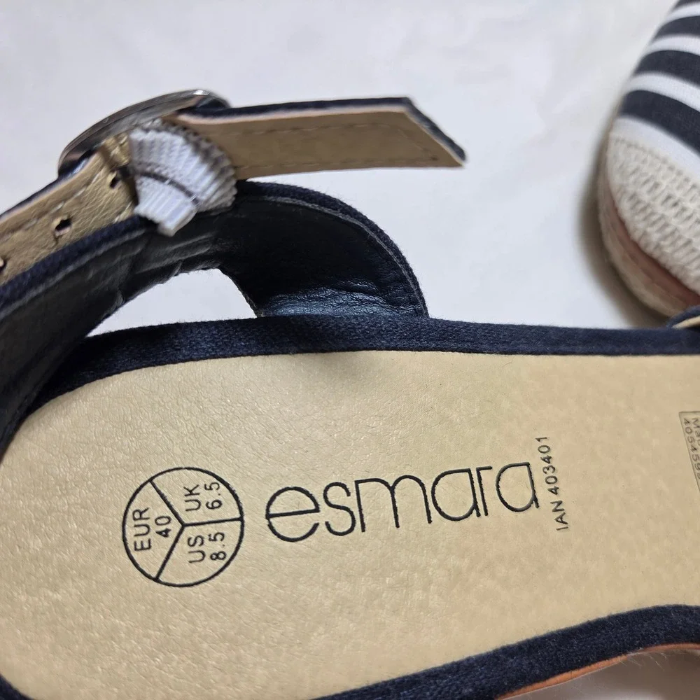 Esmara Navy Blue White Striped Espadrille Wedge Sandals Ankle Strap 8.5 403401